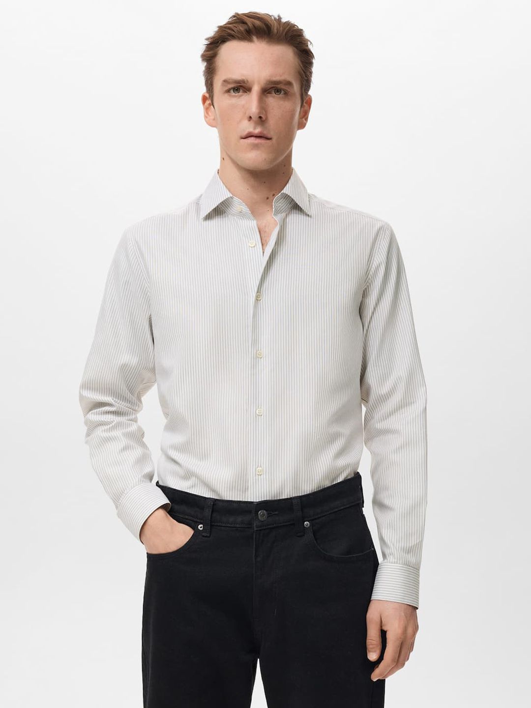MANGO MAN Striped Spread Collar Slim Fit Pure Cotton Formal Shirt-picture-12