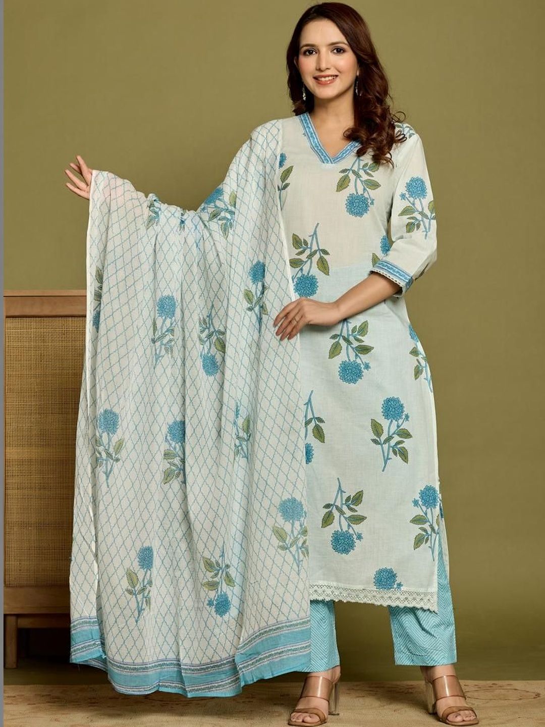 The Kapas Women Floral Printed Regular Pure Cotton Kurta with Trousers & With Dupatta-picture-19