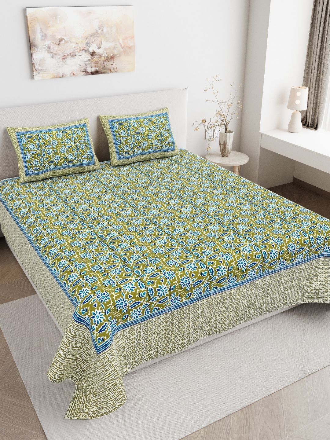 JAIPUR FABRIC Green Floral 180 TC King Bedsheet with 2 Pillow Covers-picture-11