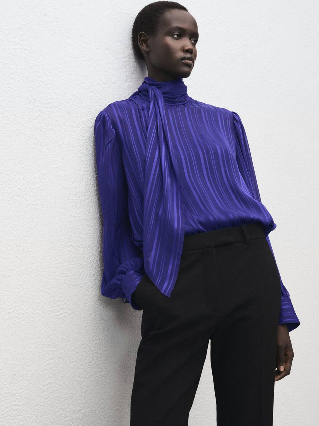 MANGO Striped Puff Sleeve Shirt Style Top with Scarf Detail-picture-16
