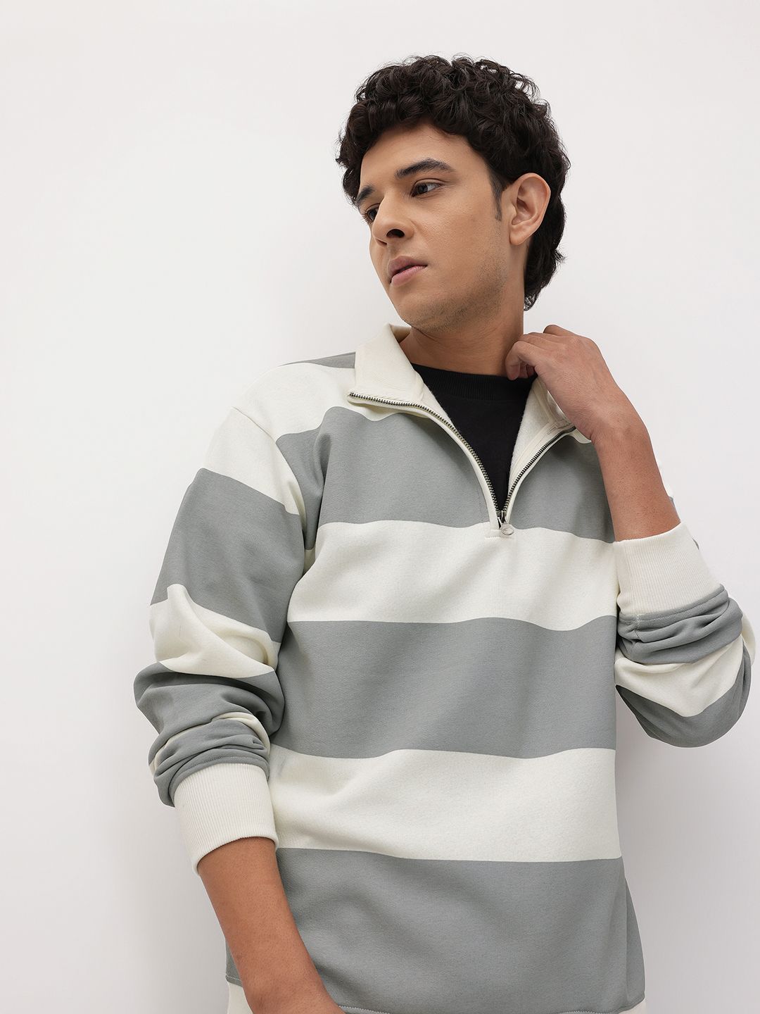 The Roadster Lifestyle Co. Striped Mock Collar Pullover with Half Zipper-picture-43