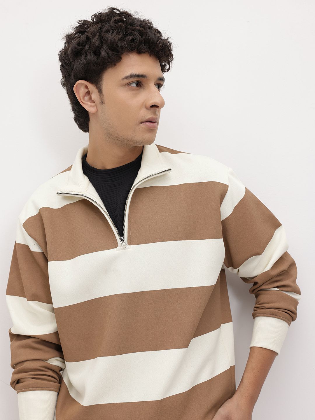 The Roadster Lifestyle Co. Striped Mock Collar Pullover with Half Zipper