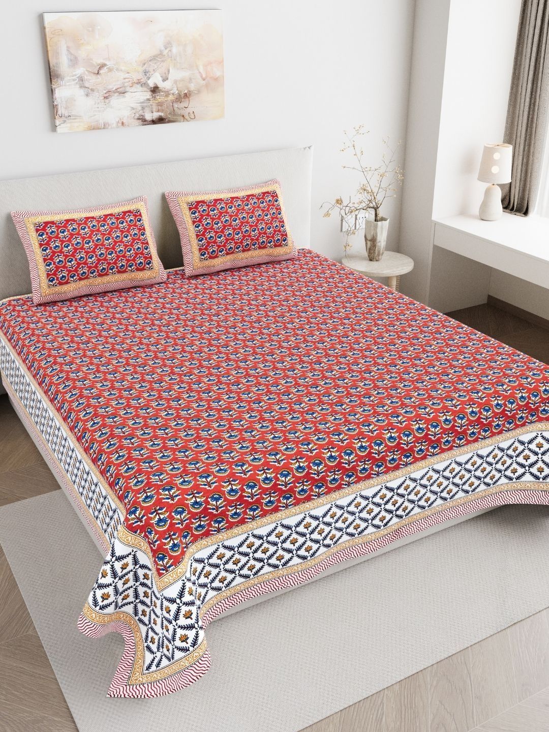 JAIPUR FABRIC Red Floral 180 TC King Bedsheet with 2 Pillow Covers-picture-32