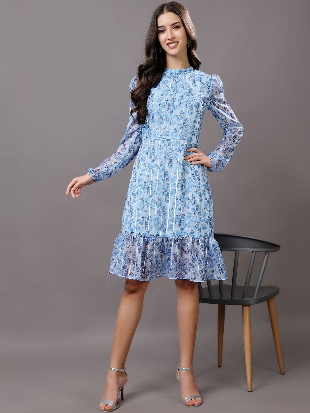 Moda Rapido Floral Print Ruffled Chiffon A-Line Dress-picture-41