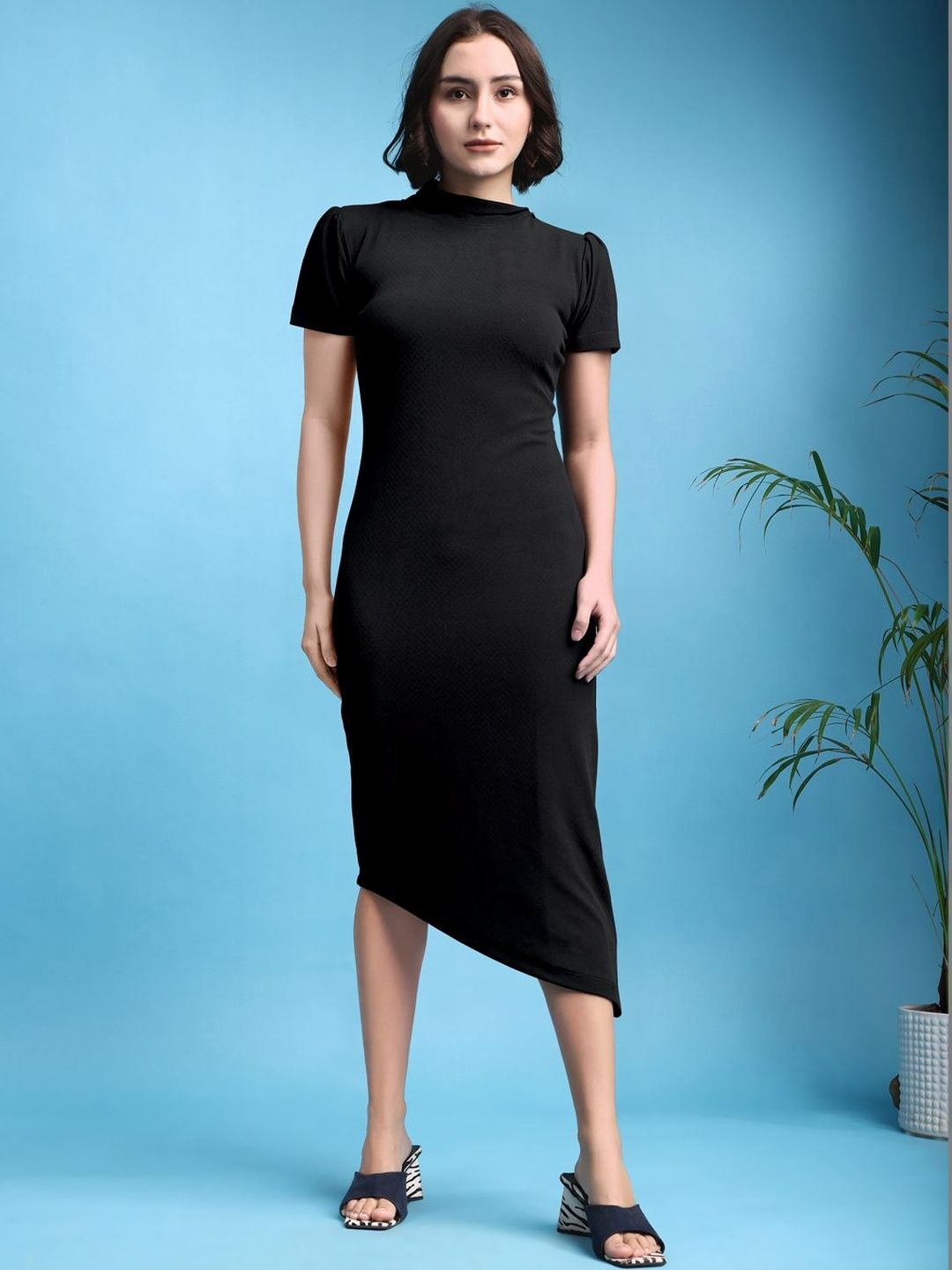 PURVAJA Puff Sleeve Sheath Midi Dress-picture-11