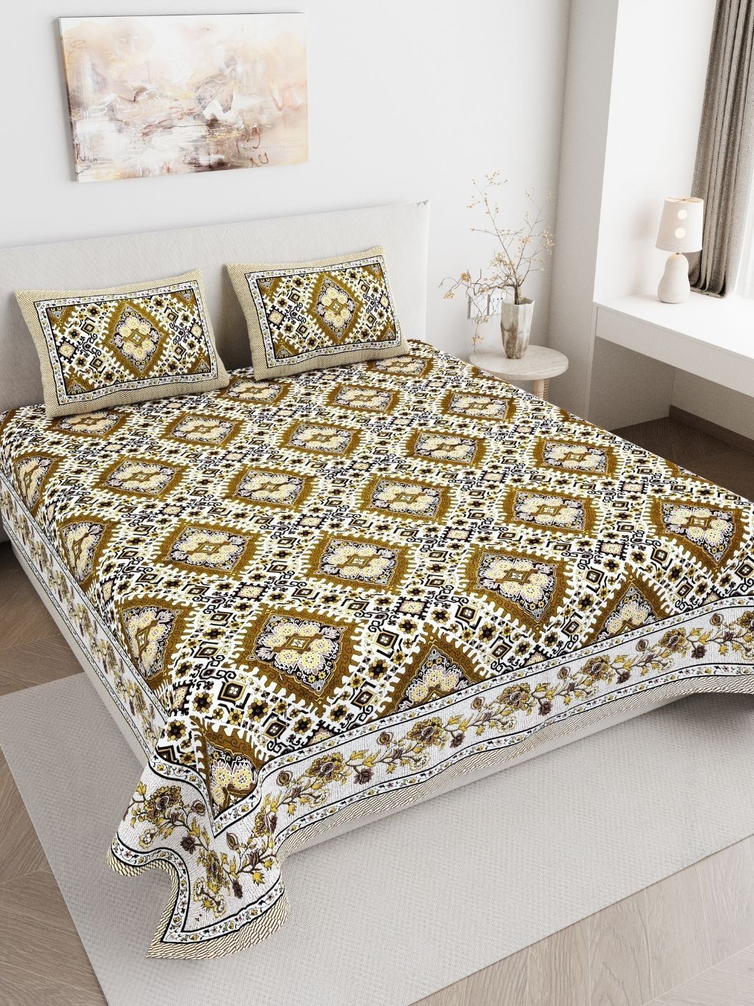 JAIPUR FABRIC Green & White Ethnic Motifs 180 TC Bedsheet with 2 Pillow Covers-image-21