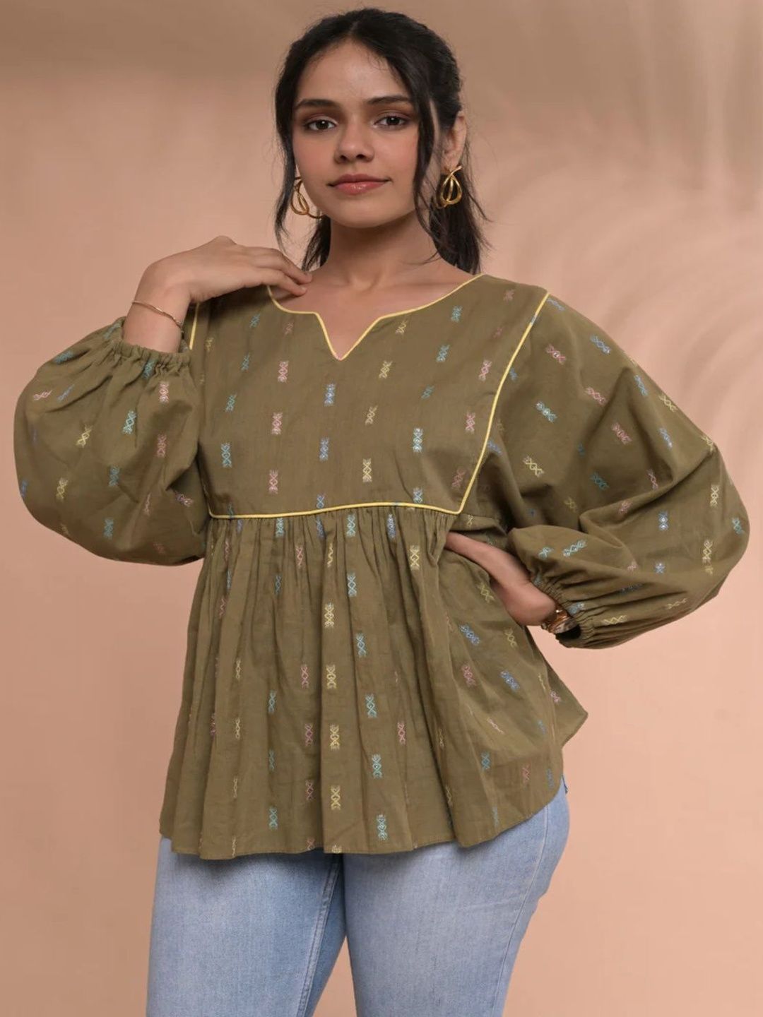 Tanoti Olive Embroidered V-Neck Bishop Sleeve Top-picture-46