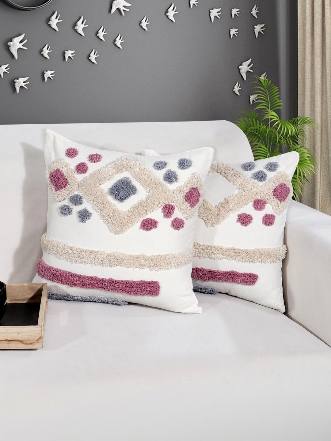 RD TREND Set of 2 Cream-Pink Textured Square Cotton Cushion Covers-16x16 inch-image-0