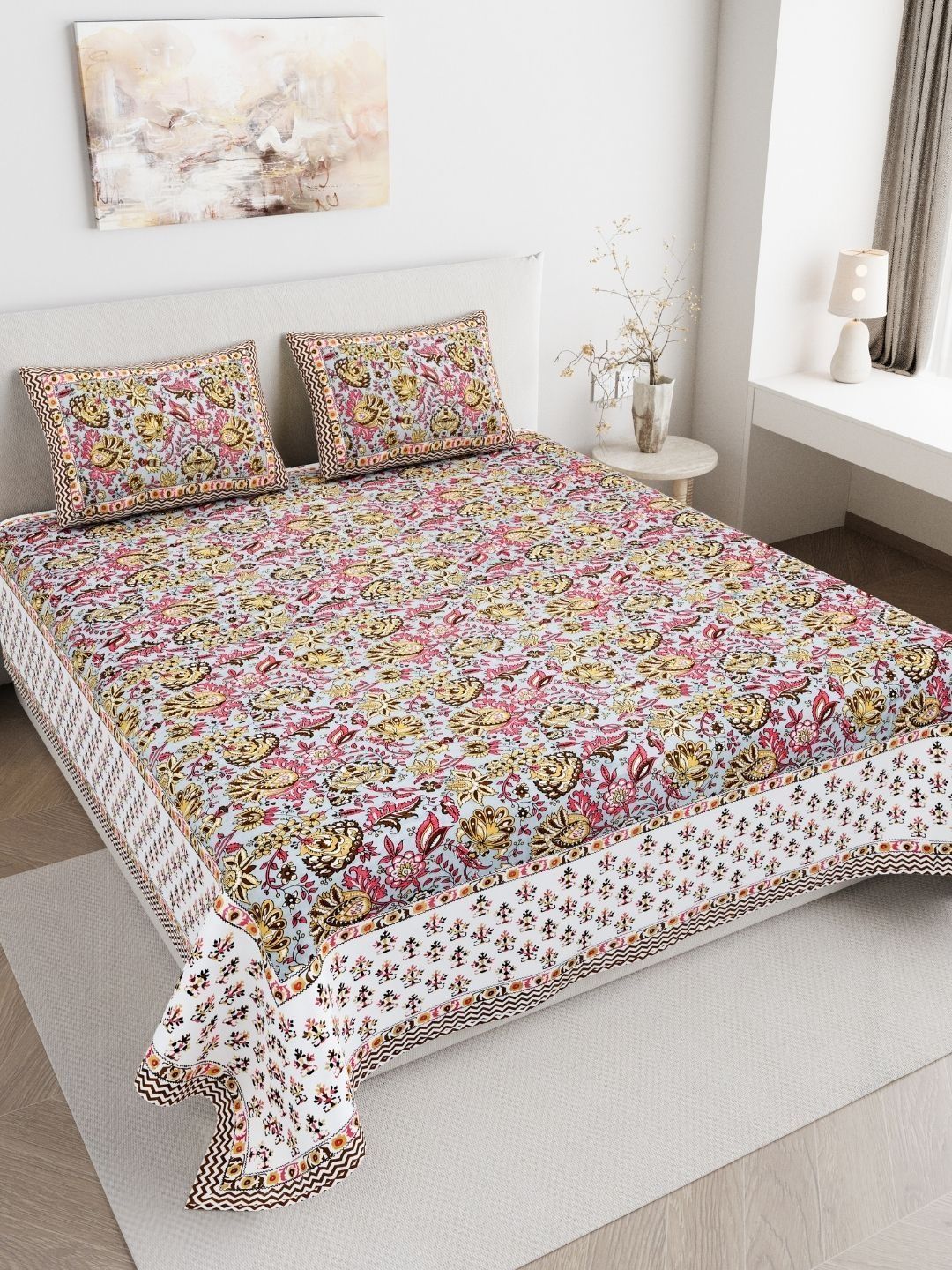JAIPUR FABRIC White Floral 180 TC King Bedsheet with 2 Pillow Covers-picture-10