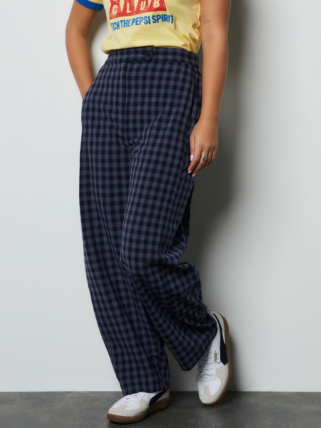 NEXT Women Gingham Checked Barrel Fit Trousers-image-6