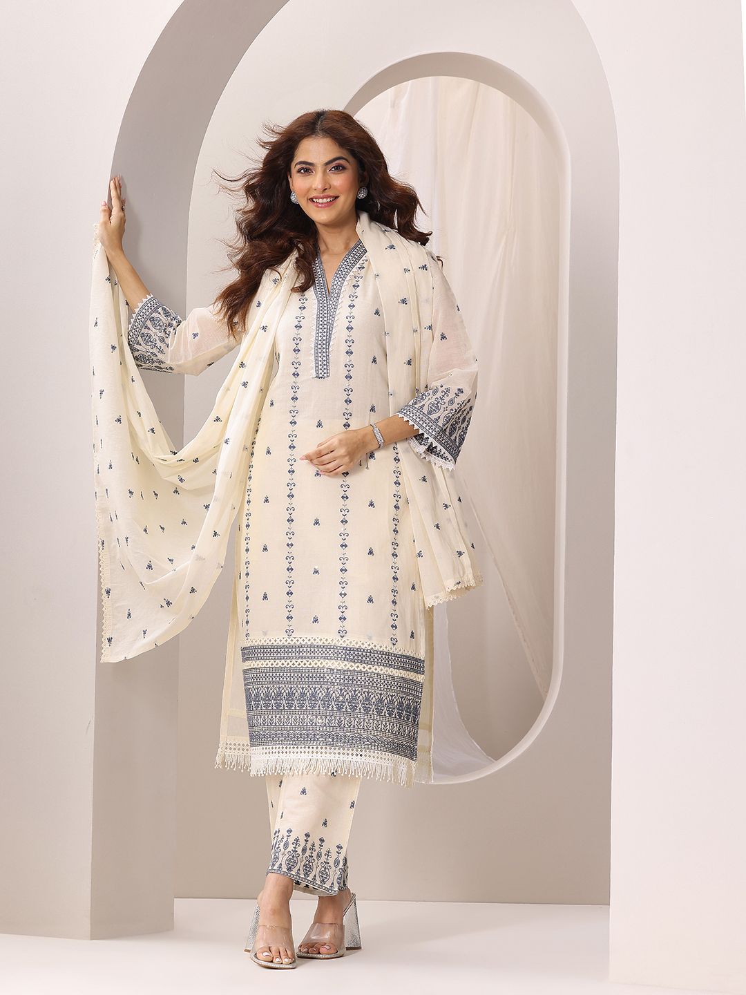 Women's Teal Striped Tie Up Neck Sequinned Straight Kurta