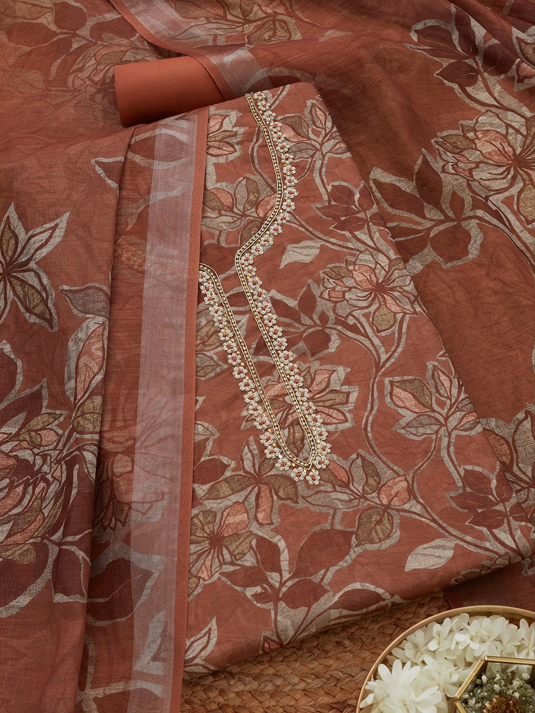 Soch Floral Printed Beads and Stones Linen Unstitched Dress Material