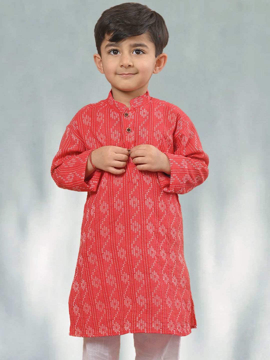 Sangria Boys Red & White Floral Embroidered Mandarin Collar Pure Cotton Straight Kurta