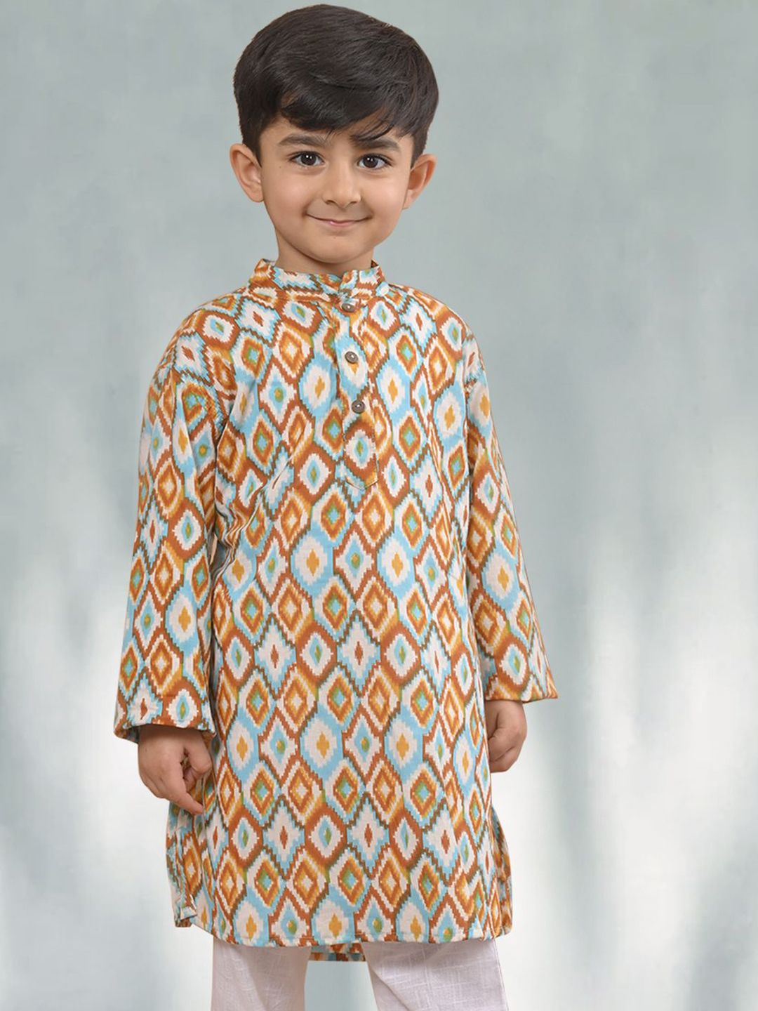 Sangria Boys Brown Geometric Printed Mandarin Collar Straight Kurta-picture-32