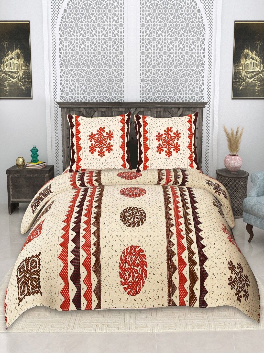 tundwal's White & Red Floral 210 TC King Bedsheet with 2 Pillow Covers-image-33