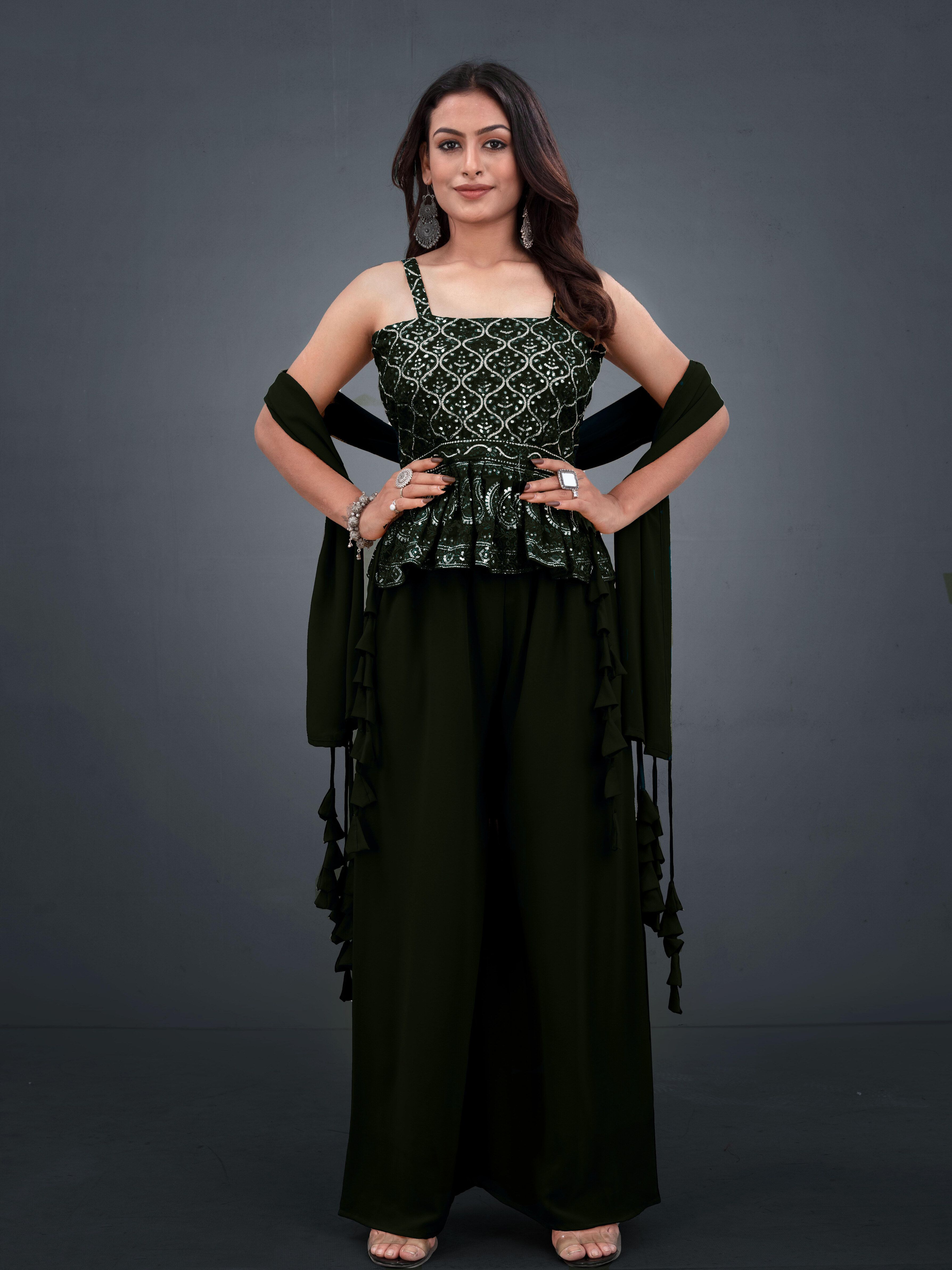 SANCIA Shoulder Straps Sequinned Georgette Ethnic Top With Palazzos & Dupatta-picture-39