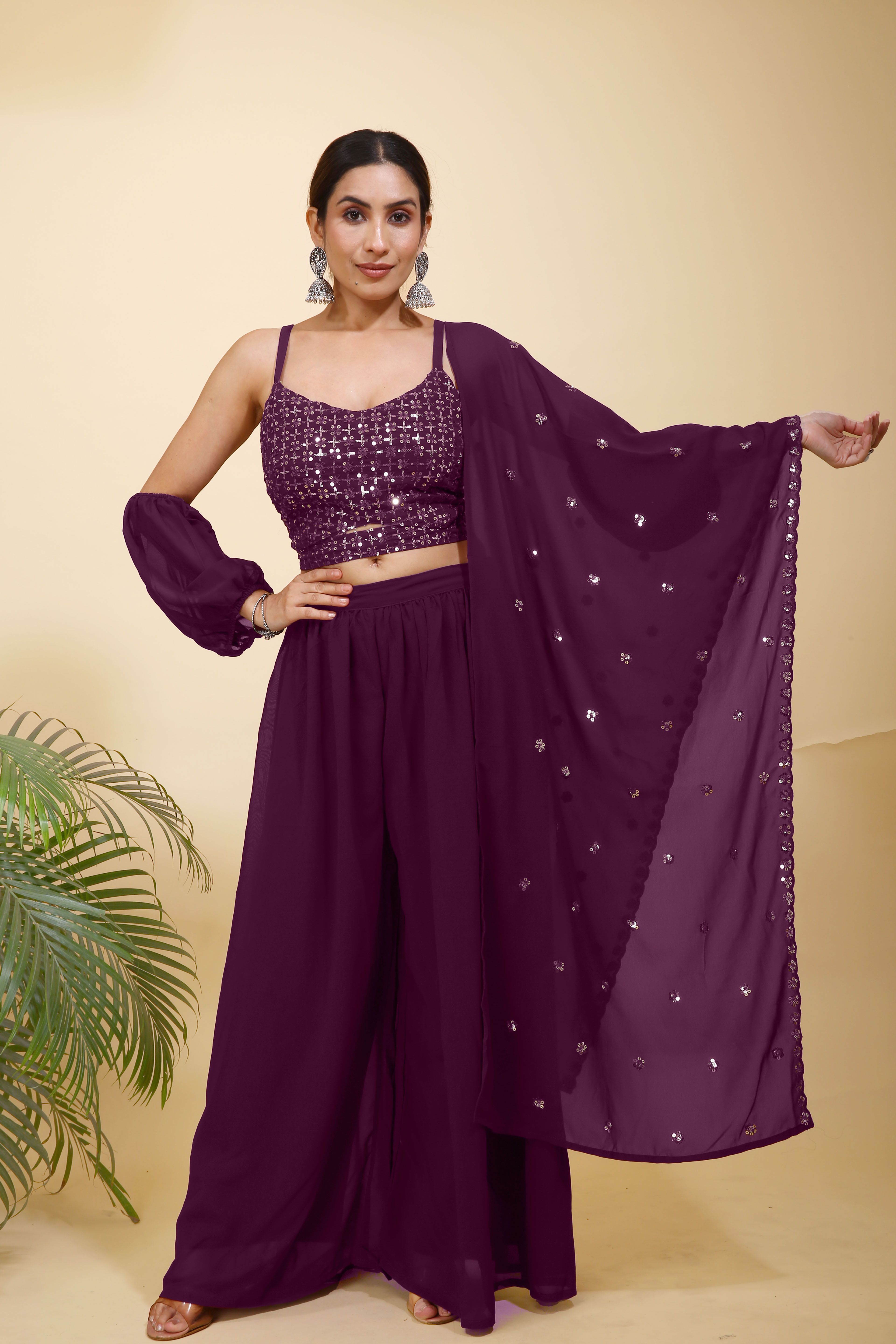 SANCIA Shoulder Straps Detachable Sleeves Ethnic Crop Top With Palazzos & Dupatta-picture-10