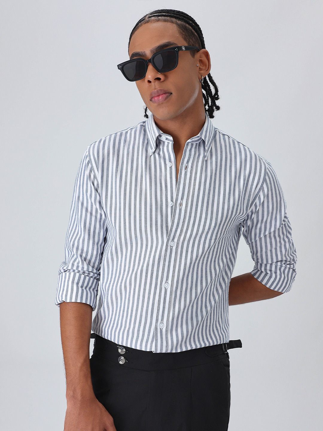Banana Club Men Dark Blue Cotton Oxford Stripe Shirt-picture-55
