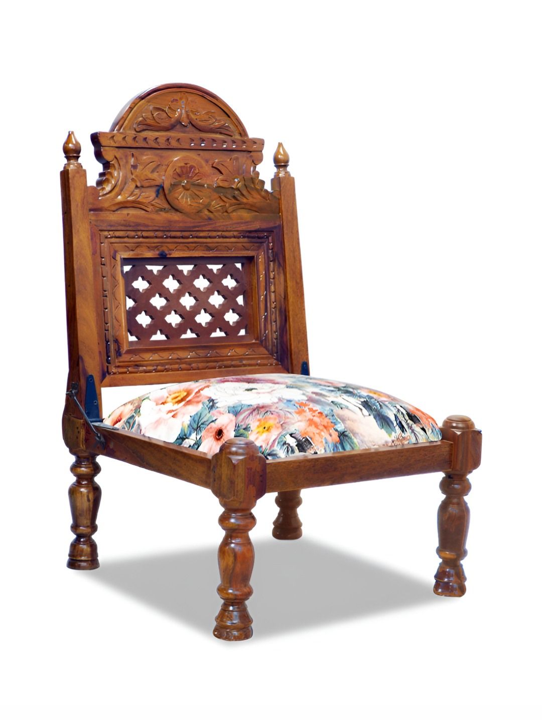 GLOBALLY INDIAN White & Brown Printed Wooden Carved Accent-Style Lounge Chair