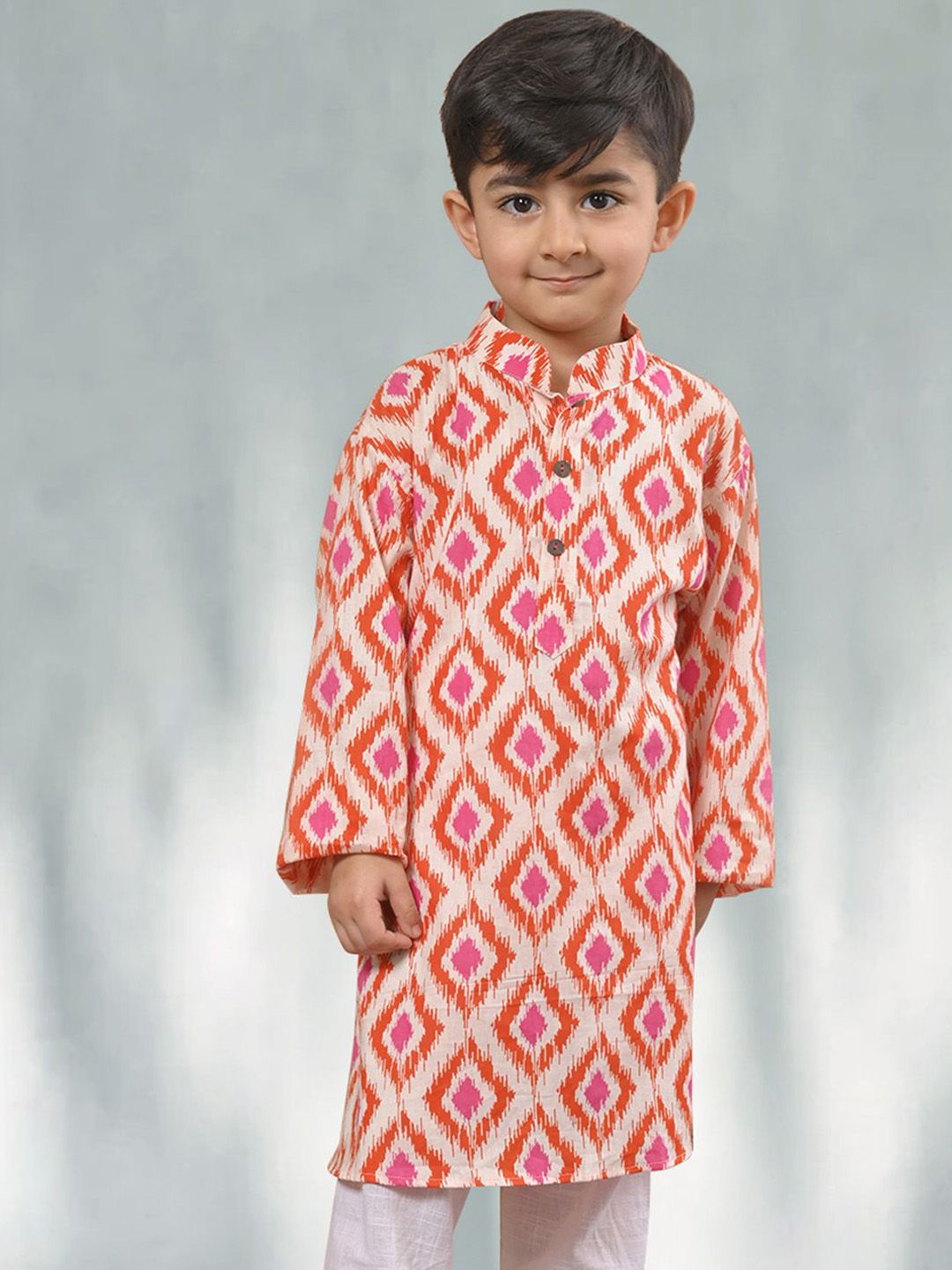 Sangria Boys Red & Beige Geometric Printed Mandarin Collar Cotton Straight Kurta-picture-45