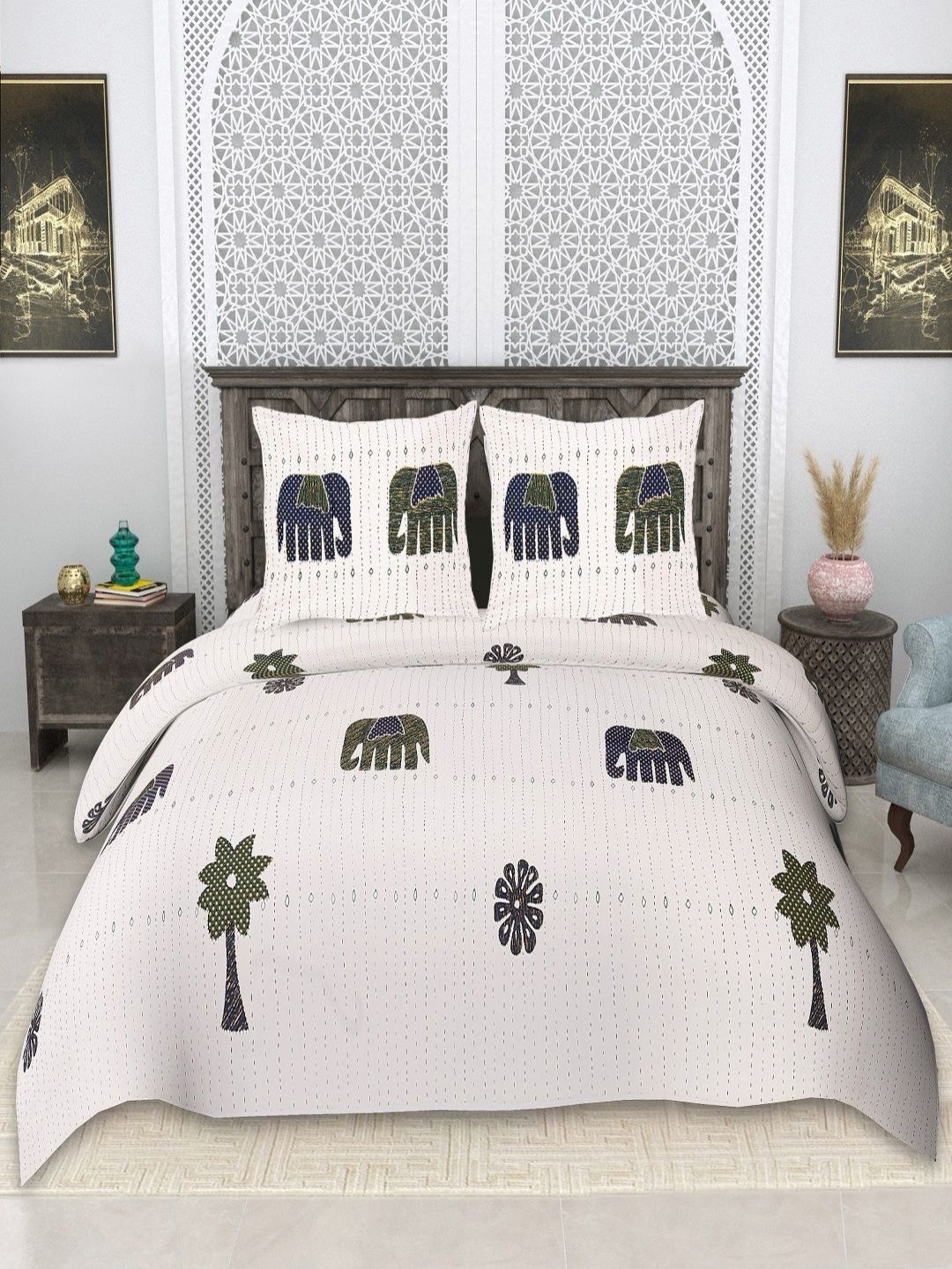 tundwal's White & Green Floral 210 TC King Bedsheet with 2 Pillow Covers-image-32