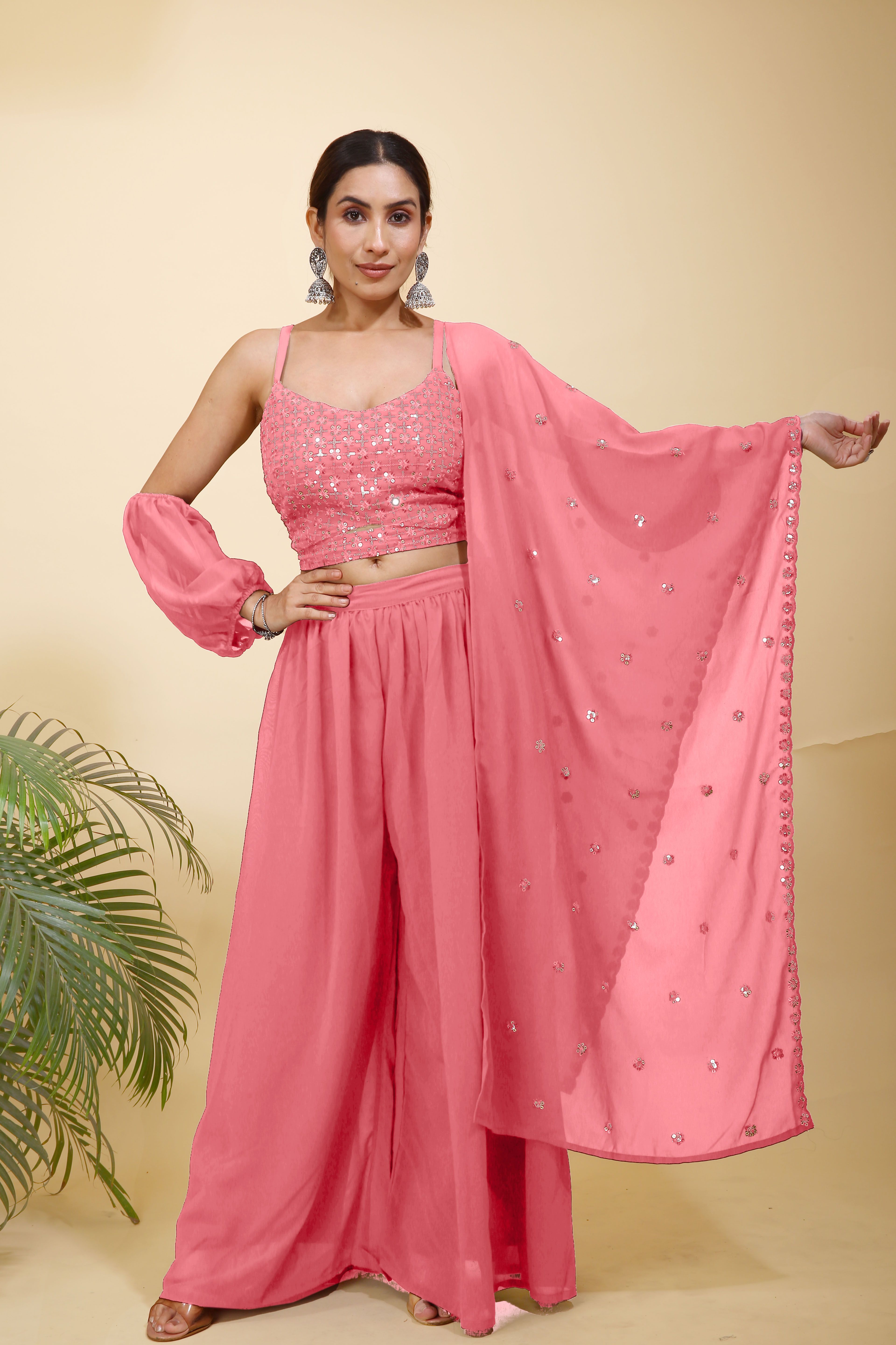 SANCIA Floral Embroidered Sequins Top With Palazzos And Dupatta With Detachable Sleeves-picture-12