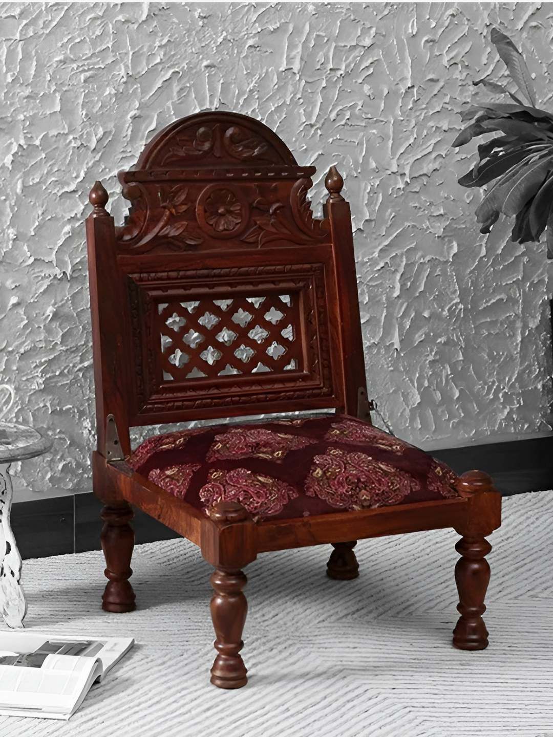 GLOBALLY INDIAN Brown & Maroon Carved Wooden Accent-Style Lounge Chair