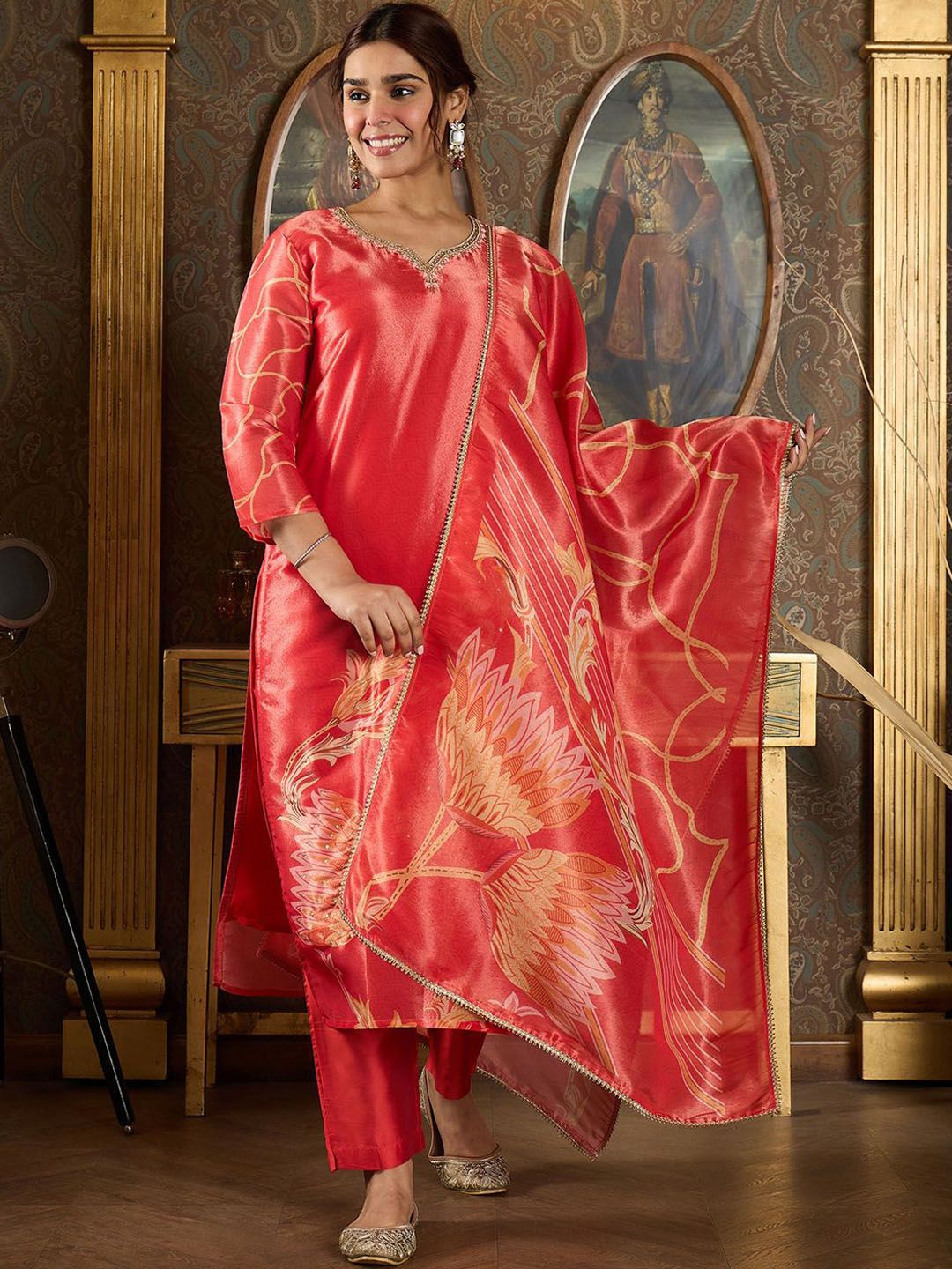 Indo Era Floral Printed V-Neck Sequinned Straight Kurta With Trousers And Dupatta-picture-18