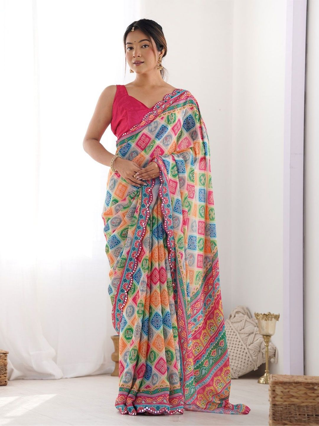 ODETTE Ethnic Motifs Poly Chiffon Saree-picture-25