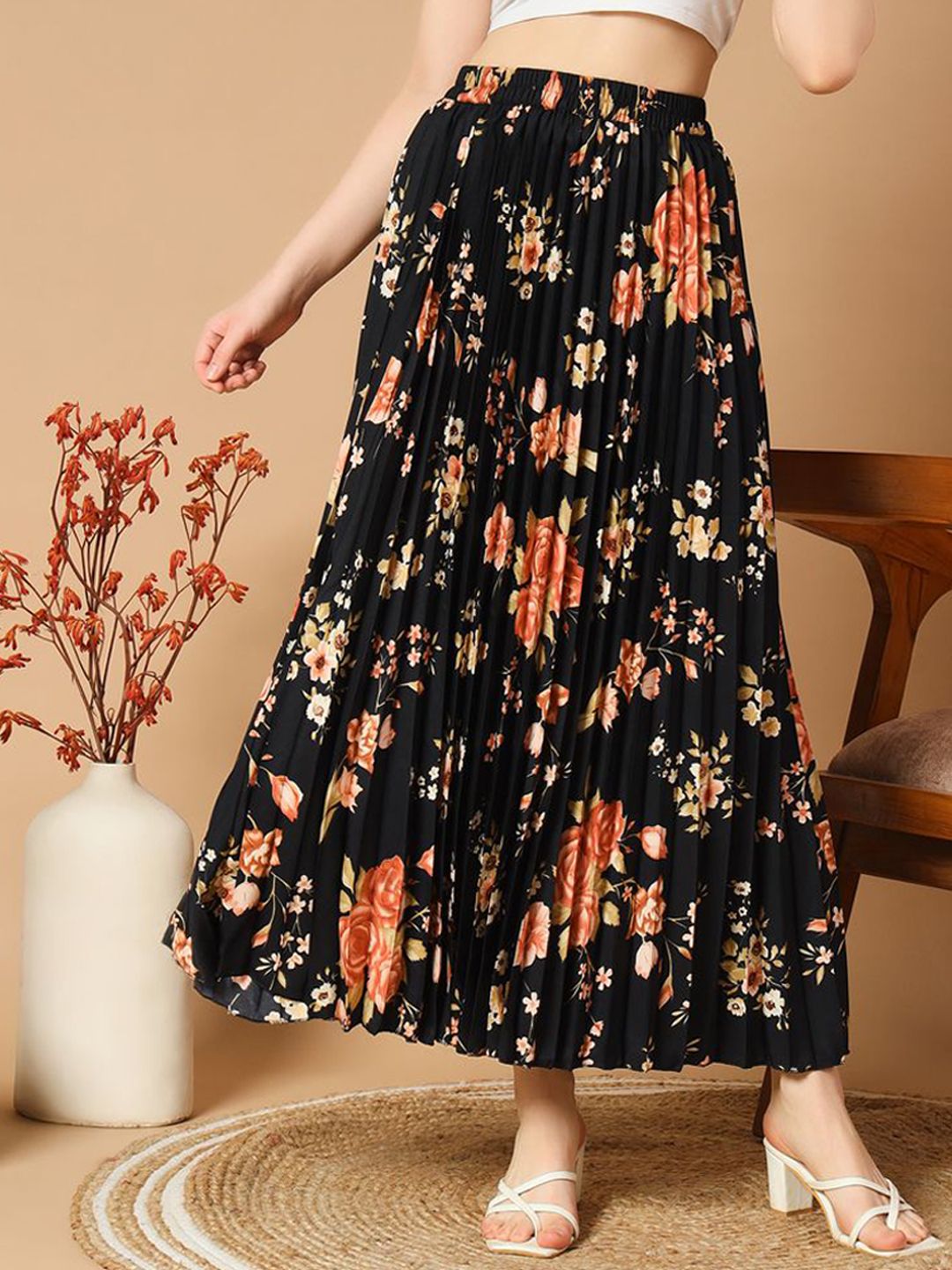 ZWERLON Floral Printed Pleated A-Line Maxi Skirt-picture-23