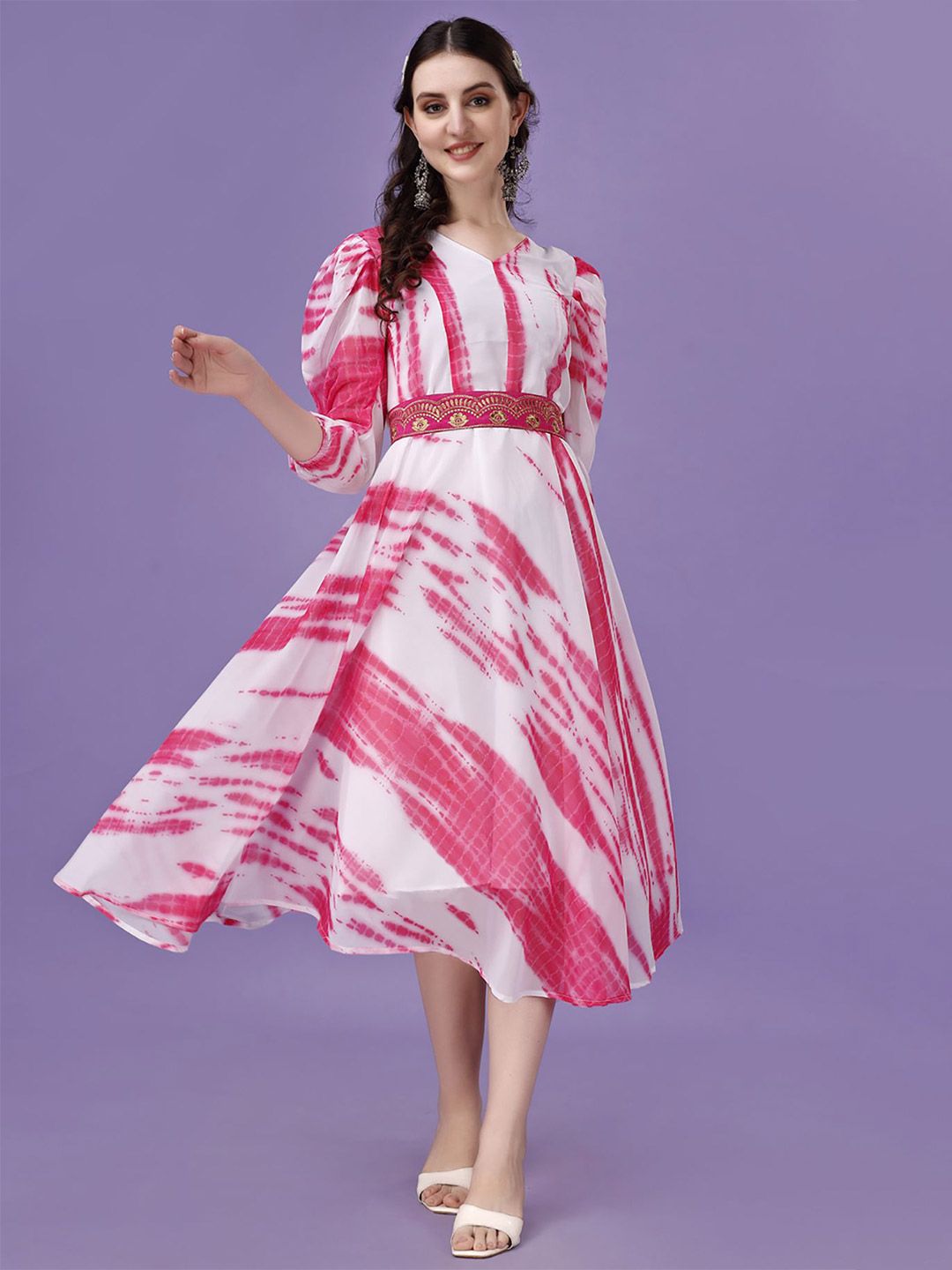 Moda Rapido Floral Print Bell Sleeve Georgette Fit & Flare Midi Dress