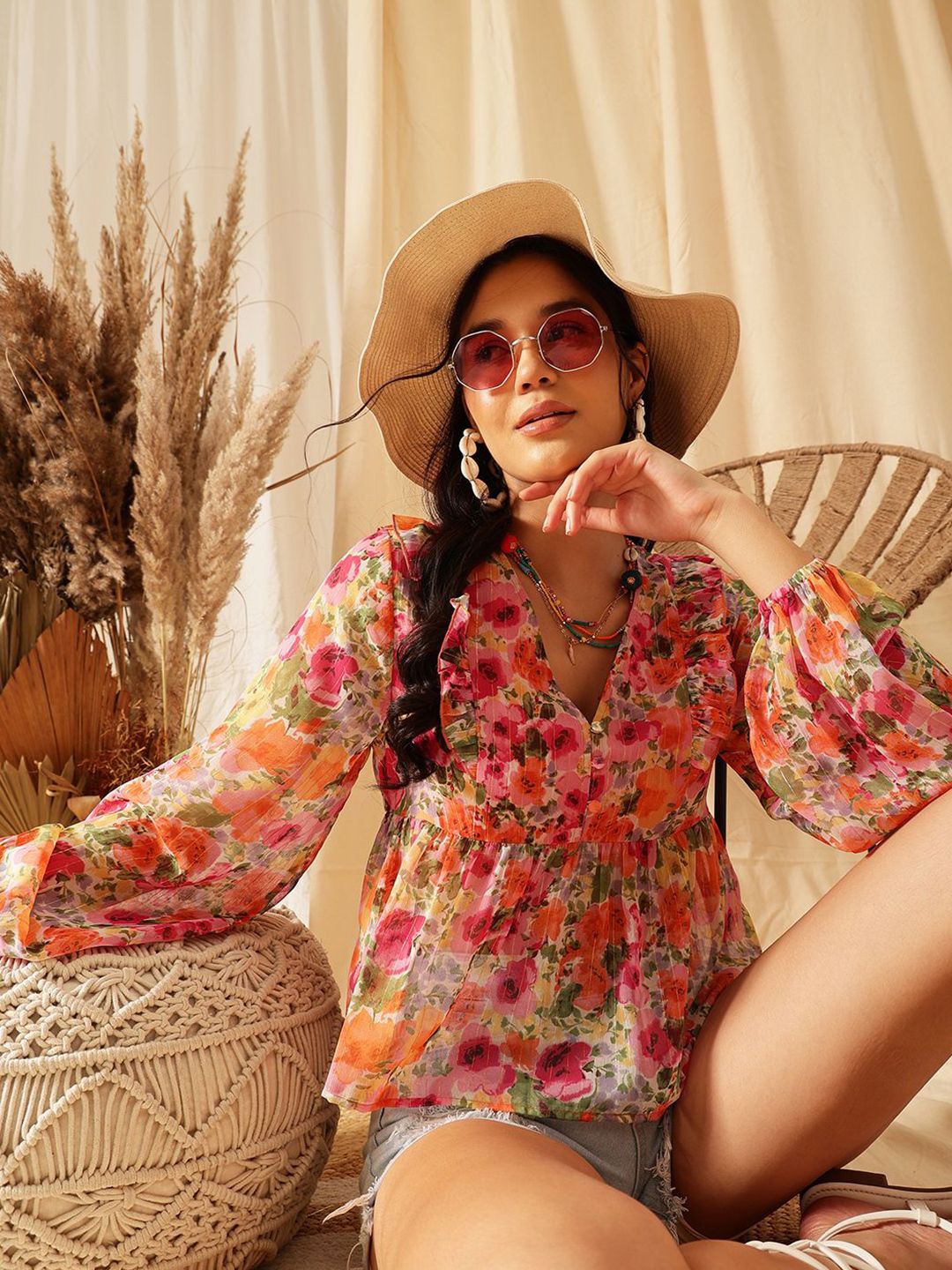 QUIERO Floral Print Ruffles Chiffon Peplum Crop Top-picture-23