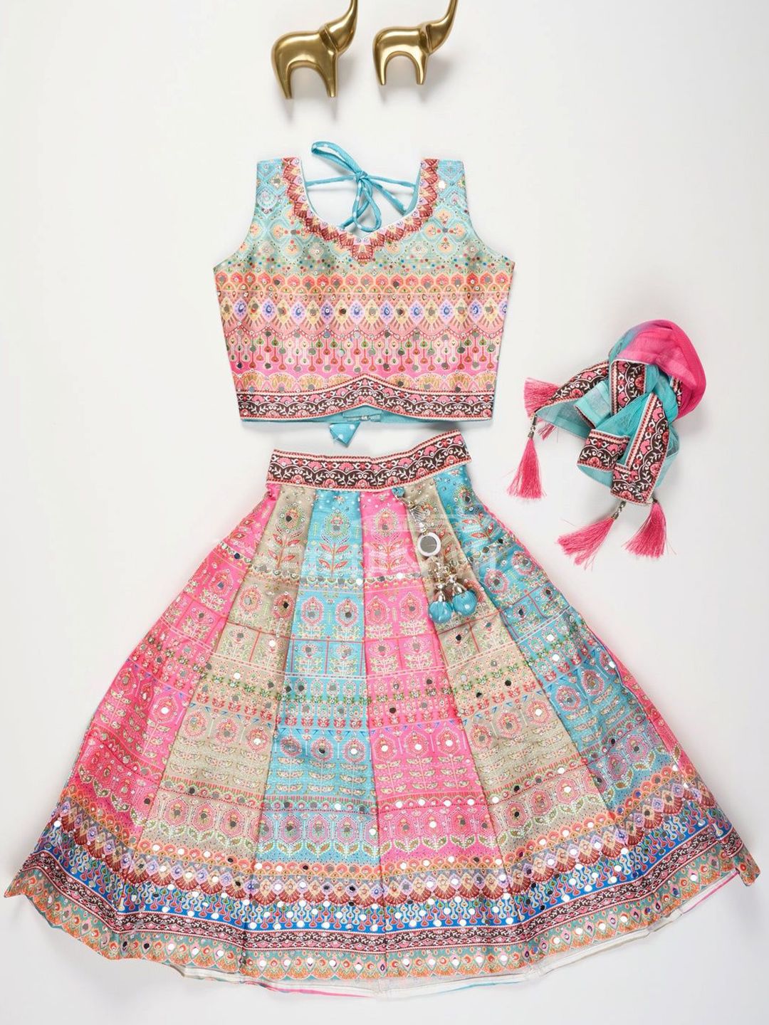 NKV Girls Printed Mirror Work Tie and Dye Ready to Wear Lehenga & Blouse With Dupatta-image-22