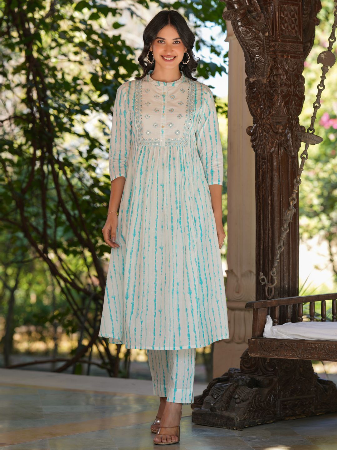 Janasya Women Floral Printed Regular Mirror Work Pure Cotton Kurta with Trousers-image-39