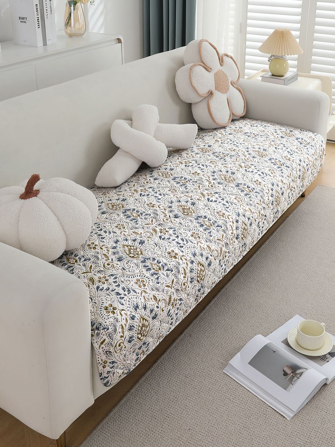 HOKIPO White Floral Printed Single Seater Waterproof + Anti-Slip + Quick Dry Sofa Seat Mat-picture-37