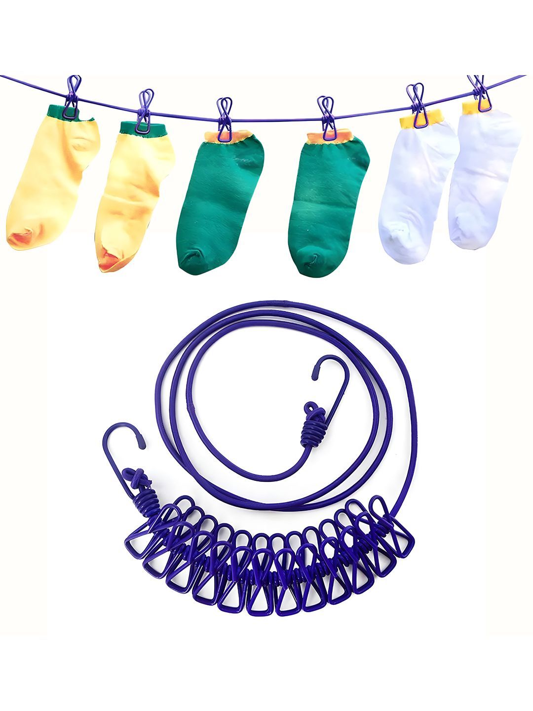 Kuber Industries Navy-Blue Cloth Drying Rope With 12 Clips & 2 Hooks-picture-33