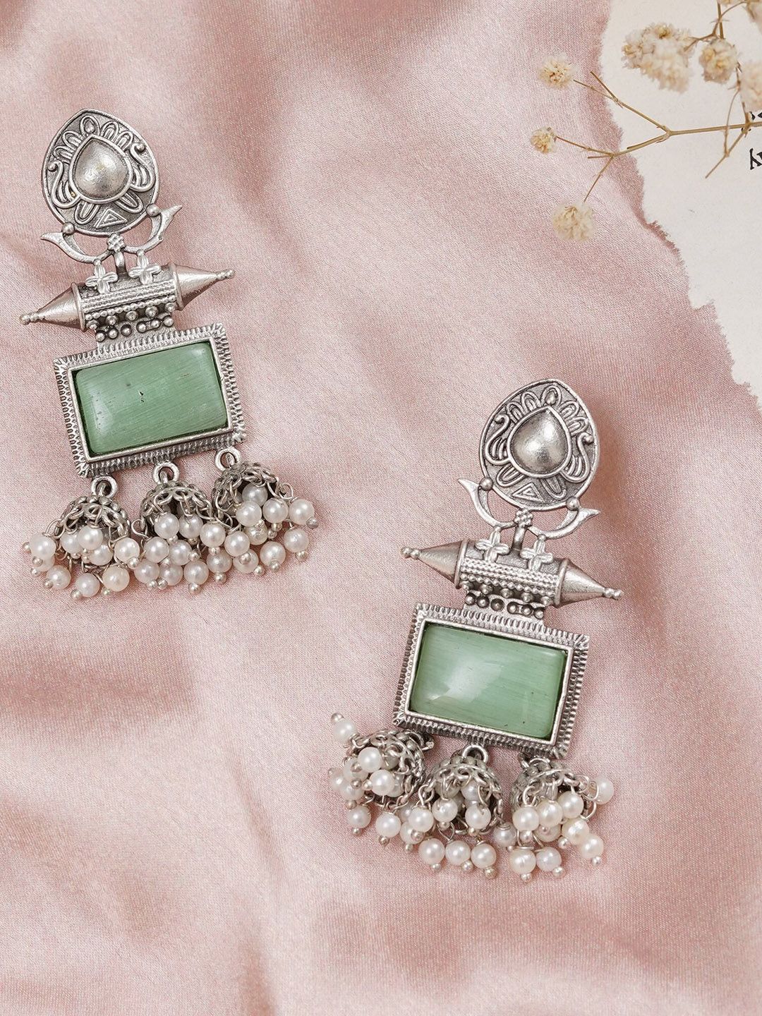 JEWILLEY Parnika Silver-Plated Artificial Stones Studded & Beaded Oxidised Drop earrings-picture-23