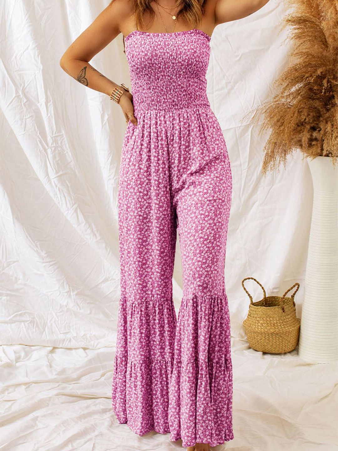 Errabelly Phalaenopsis Thin Straps Smocked Bodice Wide Leg Floral Jumpsuit-picture-26