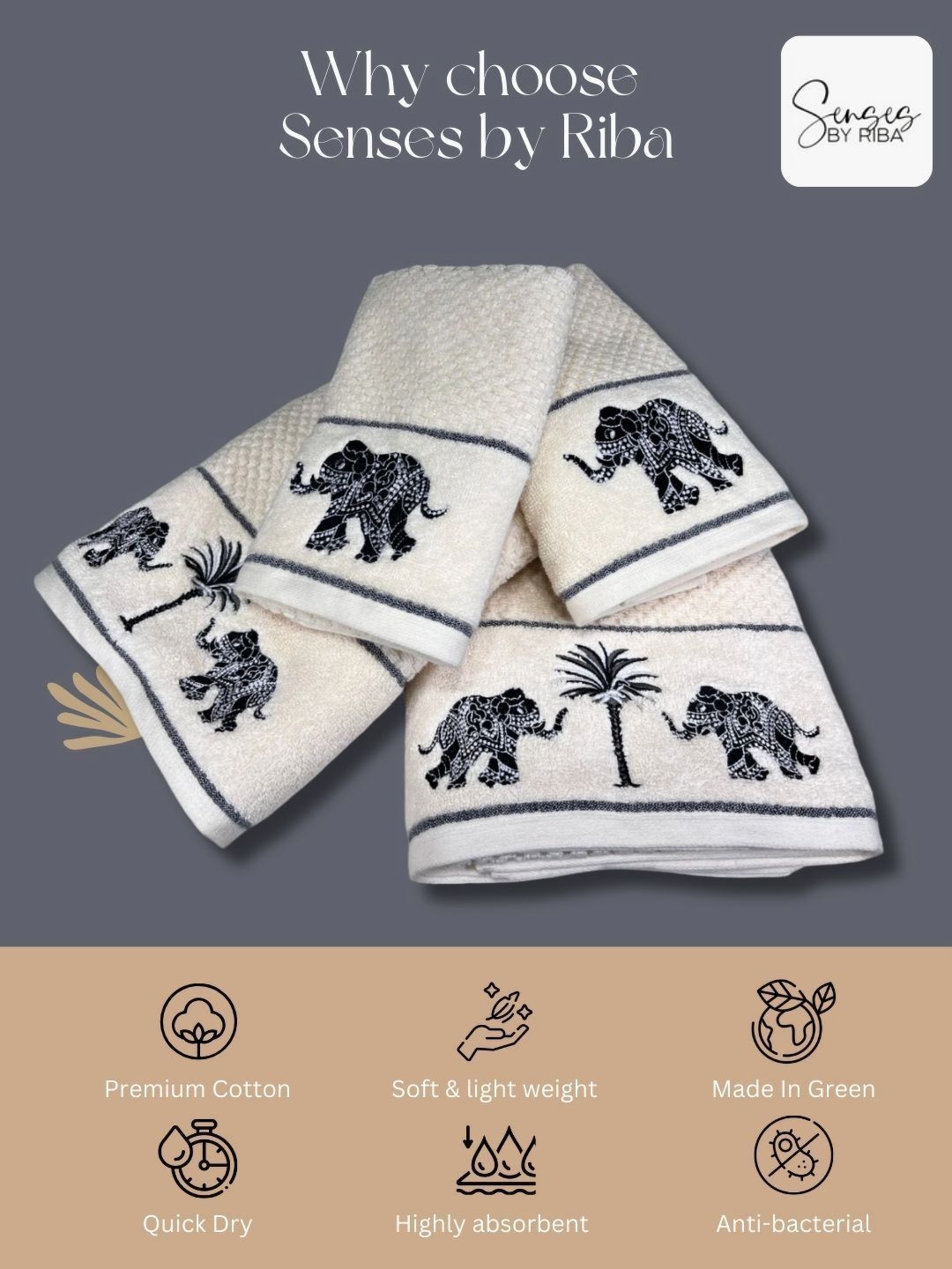 SENSES Cream-Coloured & Navy Blue 4 Piece Cotton 550 GSM Towel Set-picture-14