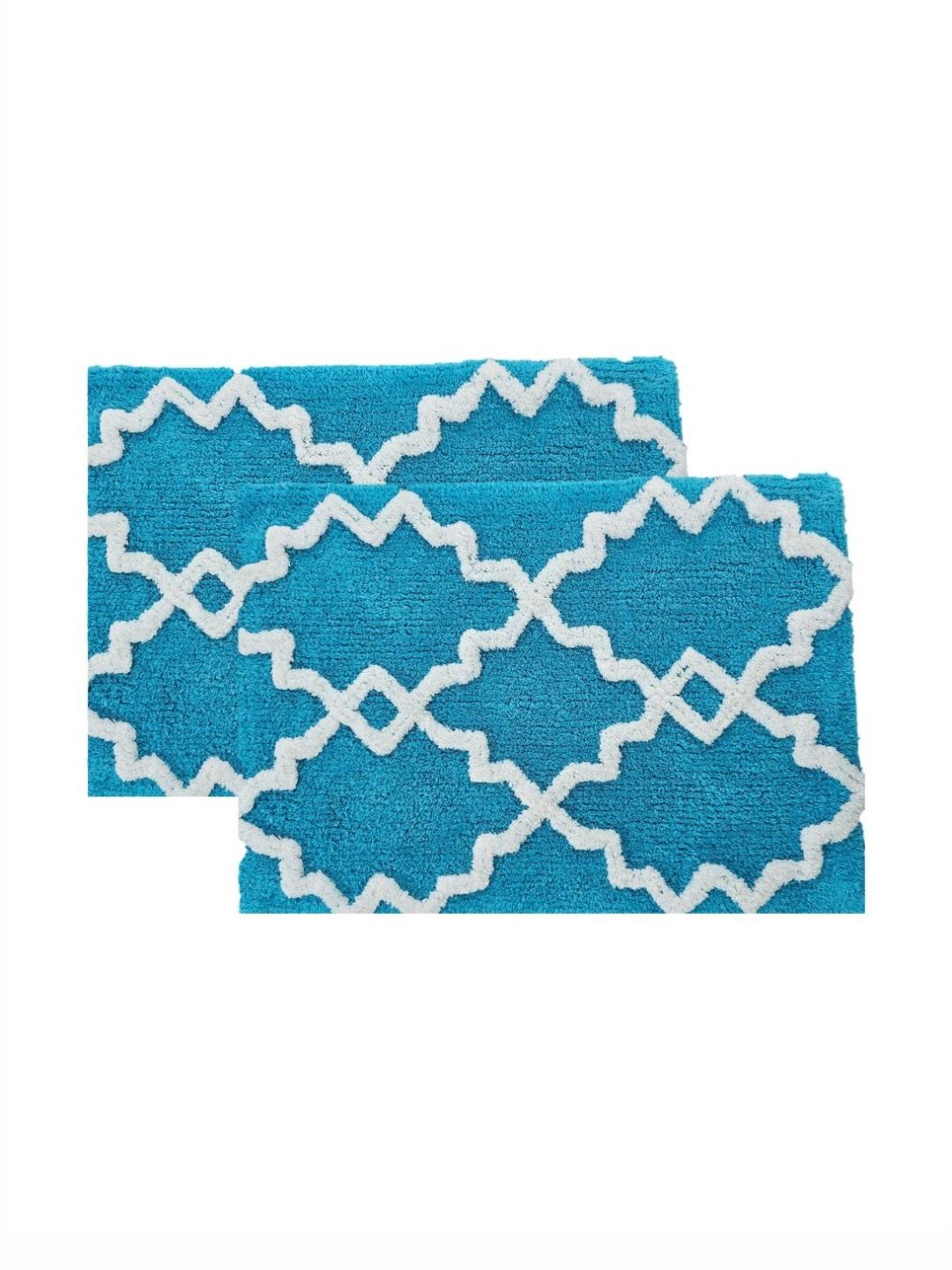 Aura 2-Pcs Turquoise-Blue & White Self-Designed 1800 GSM Cotton Anti Skid Bath Rugs-picture-58