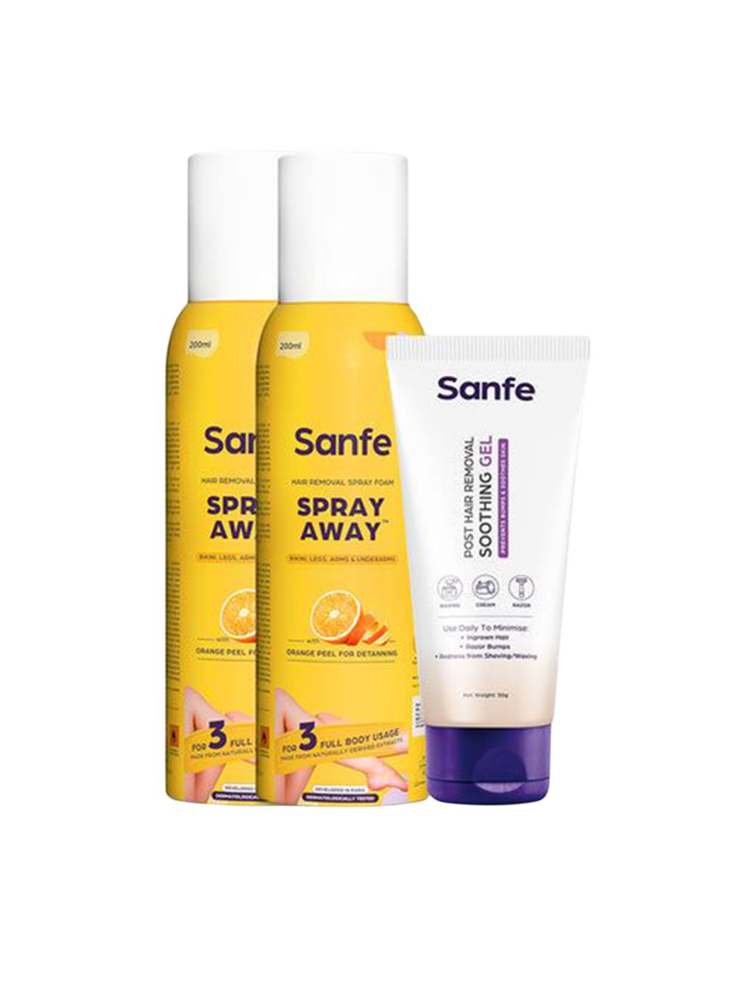 Sanfe Set Of 2 Spray Away Hair Removal (100ml Each) & Post Hair Removal Soothing Gel (50g)