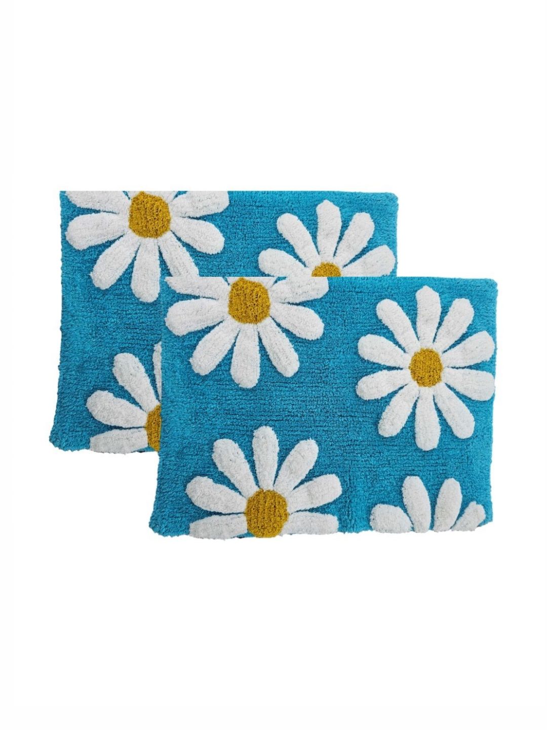 Aura 2-Pcs Turquoise-Blue & White Self-Designed 1800 GSM Cotton Anti Skid Bath Rugs-image-34