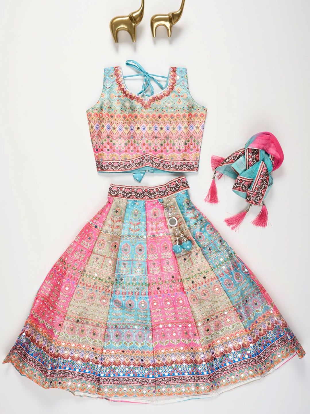 NKV Girls Printed Mirror Work Tie and Dye Ready to Wear Lehenga & Blouse With Dupatta-image-23