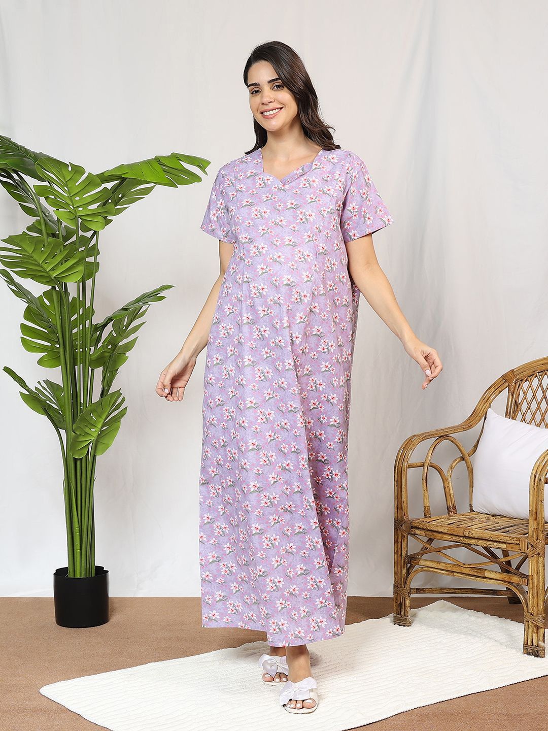 MomToBe Women's Cotton Periwinkle Purple Feeding Nighty Nightdress-picture-36
