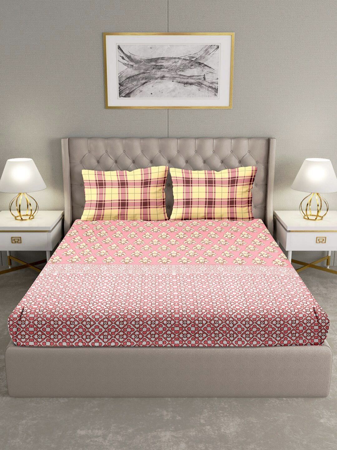Myntra Elegant Homes Pink & White Ethnic Motifs 180 TC King Bedsheet with 2 Pillow Covers-picture-18