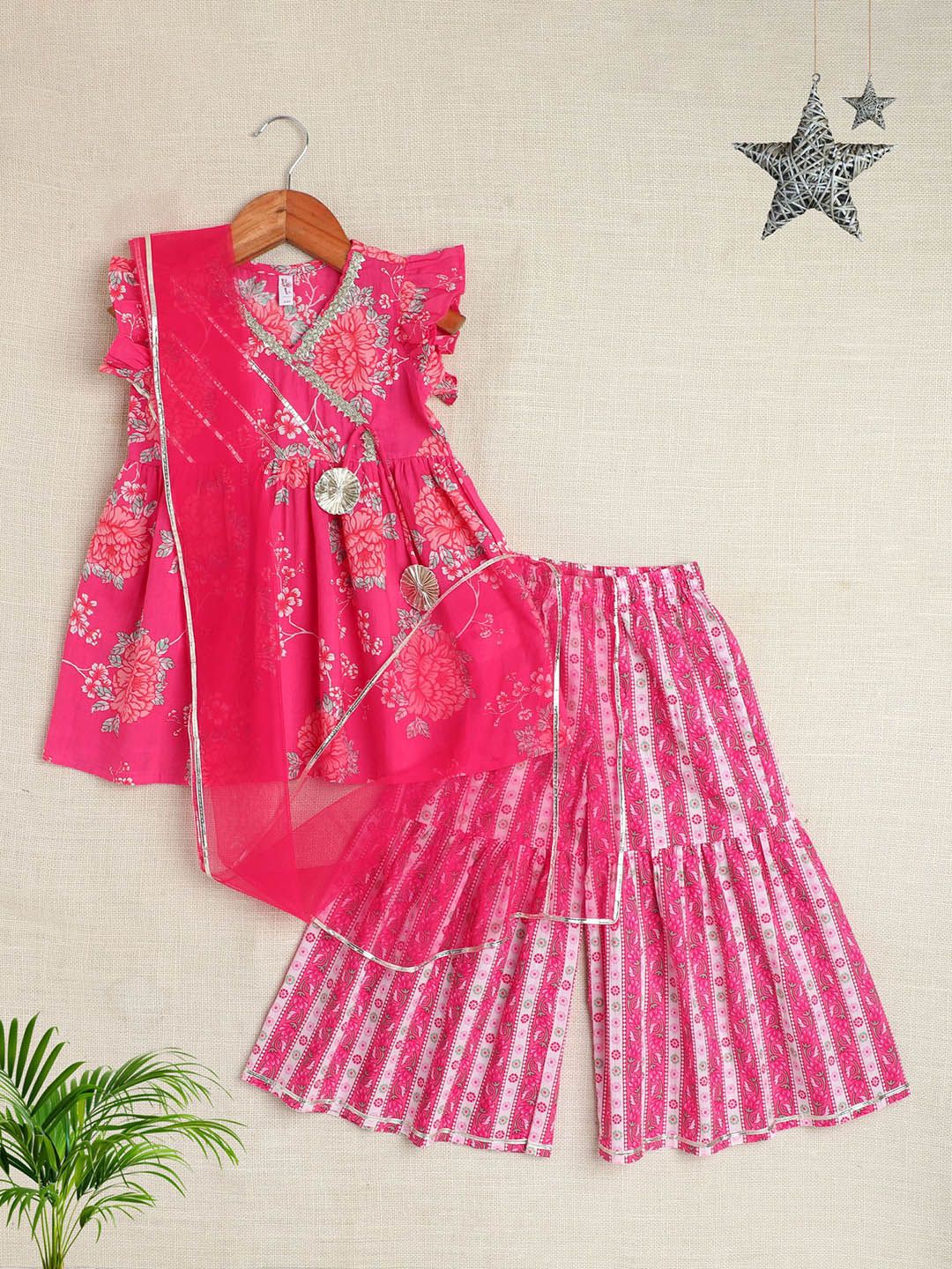 The Magic Wand Girls Floral Printed Regular Pure Cotton Kurta with Sharara & With Dupatta-picture-27