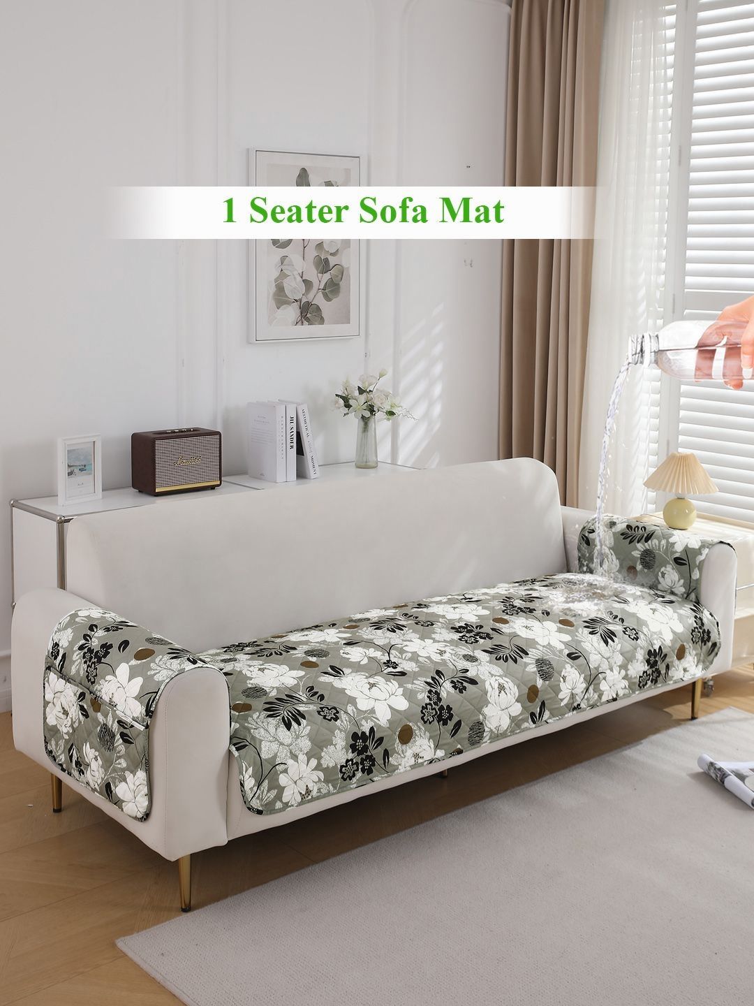 HOKIPO Grey & Black Printed Waterproof 1 Seater Sofa Cover & 2 Armrest Covers With Pockets-picture-21