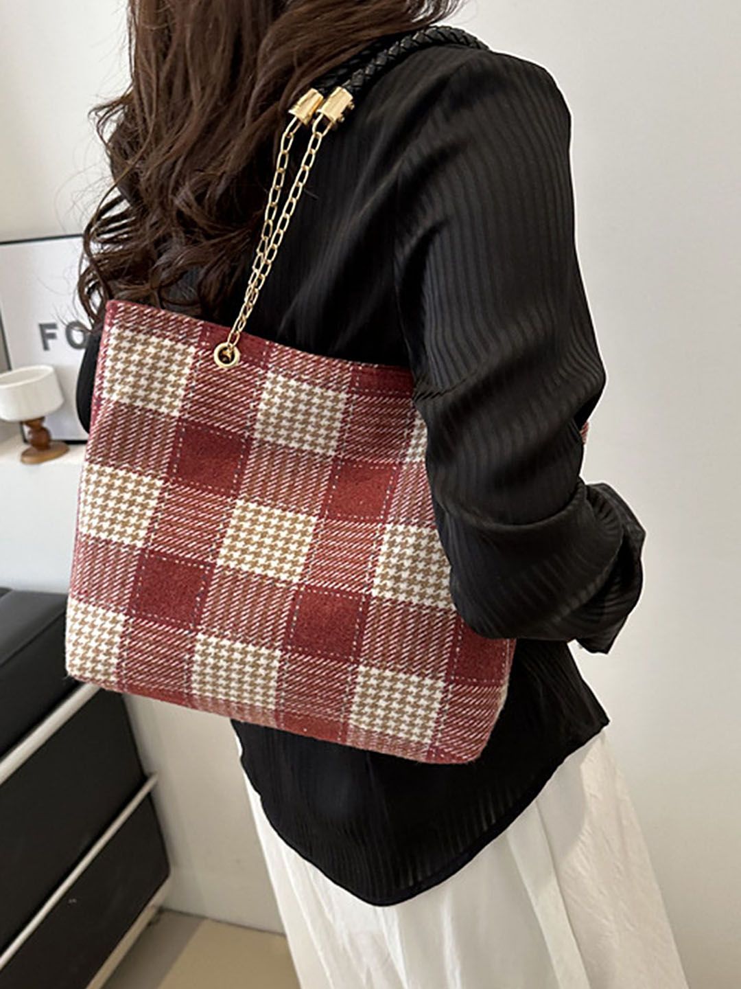 LULU & SKY Textured Oversized Structured Shoulder Bag with Fringed-image-25