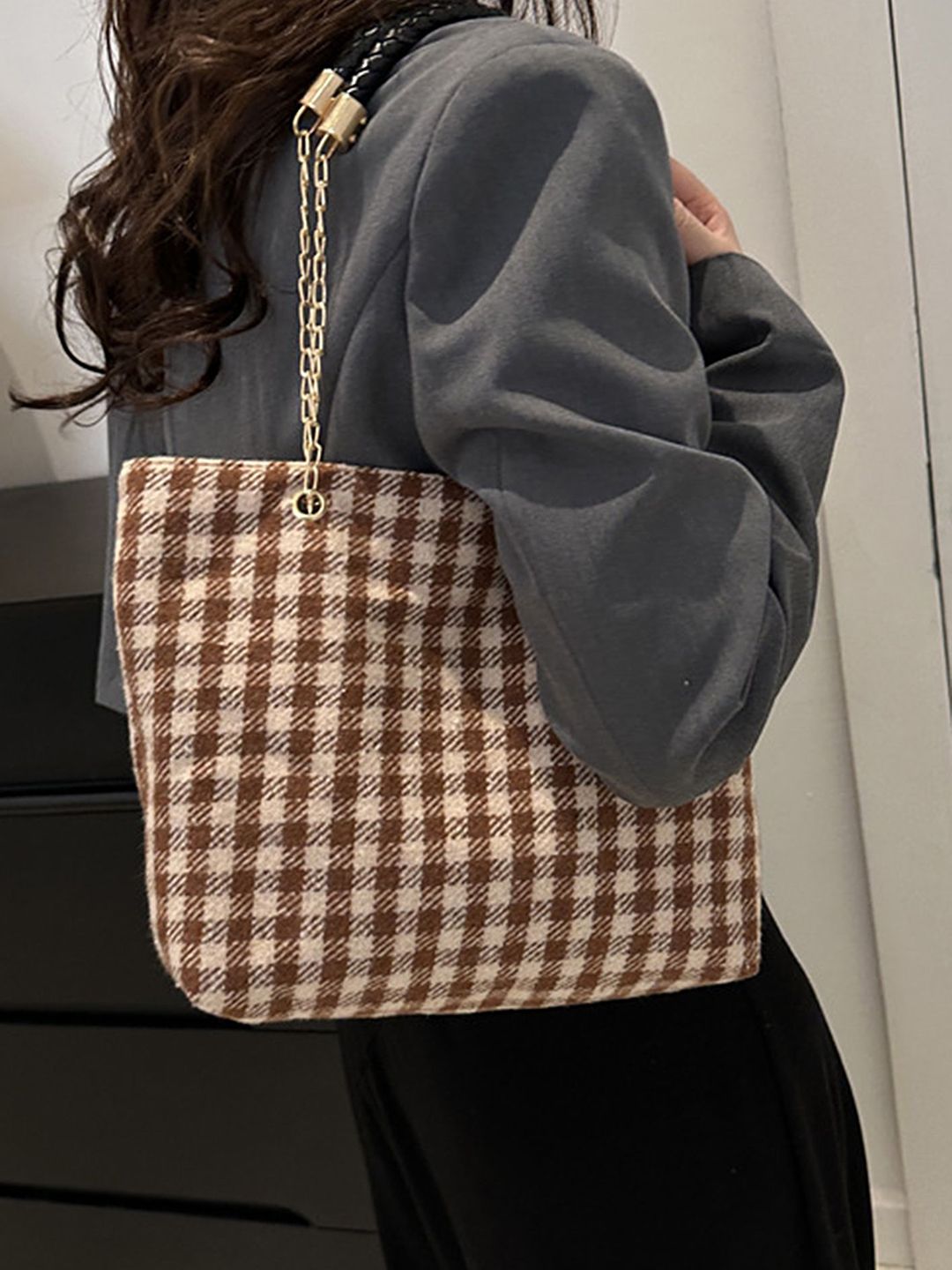 LULU & SKY Checked Bucket Handheld Bag with Quilted-image-39