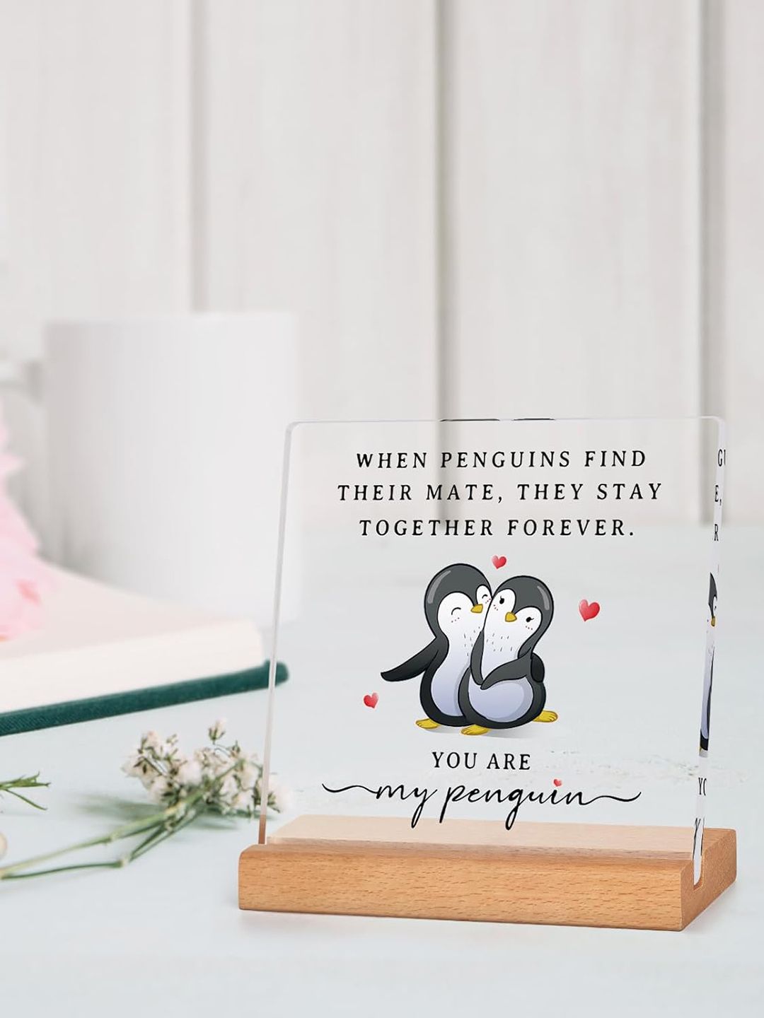 BS AMOR White & Black Penguins Printed Wooden Stand Showpiece-picture-31